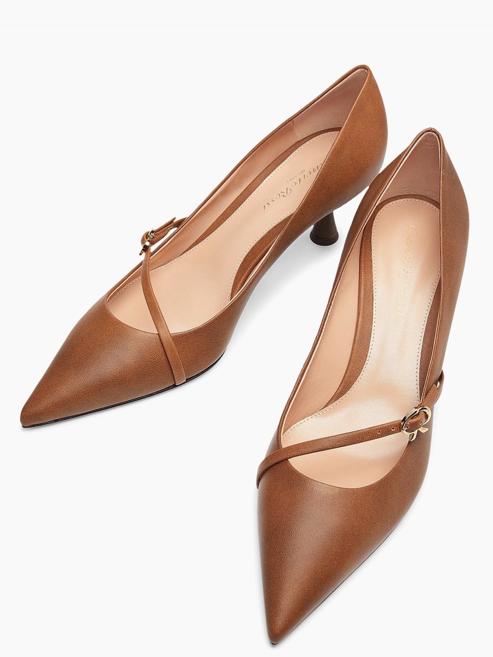 Gianvito Rossi Tan Pointed Mary Jane Pumps with Strap